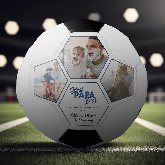 Modern 3 Photo Collage Best Papa Ever Football (Easily personalize this Best Daddy Ever Soccer ball with your photos and text for a unique gift)