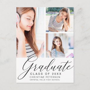 Modern 3 Photo Collage Black Script Graduation Postcard