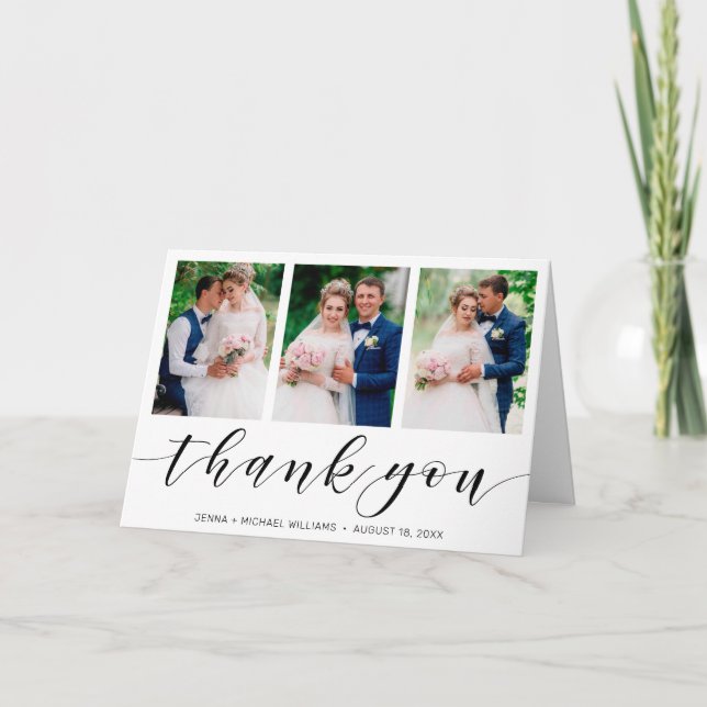 Modern 3 Photo Collage Black Script Wedding Thank You Card (Front)
