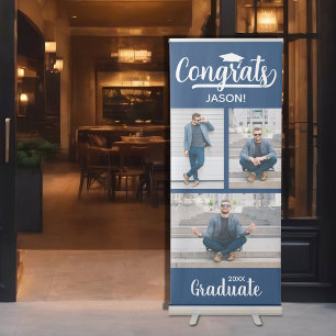 Modern 3 Photo Collage Blue Graduation Retractable Banner