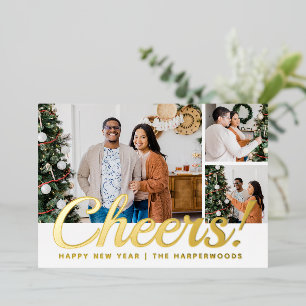 Modern 3 Photo Collage Cheers Happy New Year  Foil Holiday Card