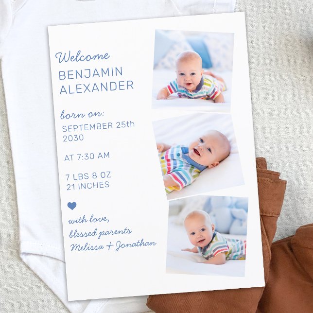 Modern 3 Photo Collage Cute Newborn Baby Birth Announcement (Creator Uploaded)