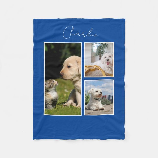 Modern 3 Photo Collage Dog Fleece Blanket (Front)