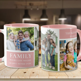 Modern 3 Photo Collage Family Love Quote Pink Mug