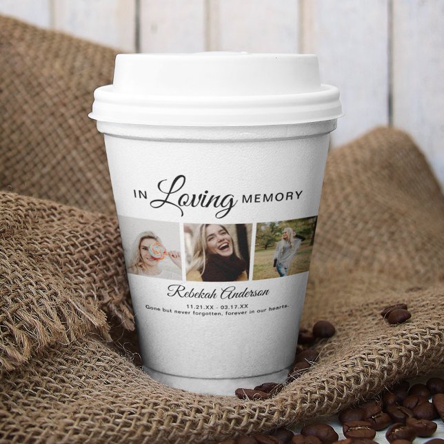 Modern 3 Photo Collage Funeral Paper Cups (Creator Uploaded)