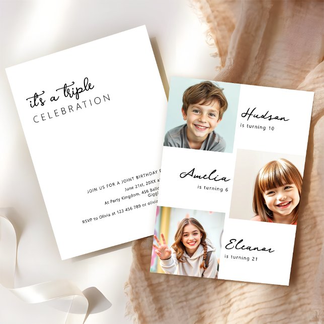 Modern 3 Photo Collage Joint Birthday Party Invitation (Creator Uploaded)