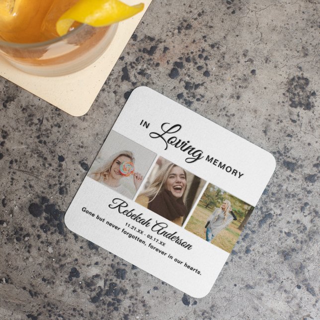Modern 3 Photo Collage Memorial Square Paper Coaster (Creator Uploaded)
