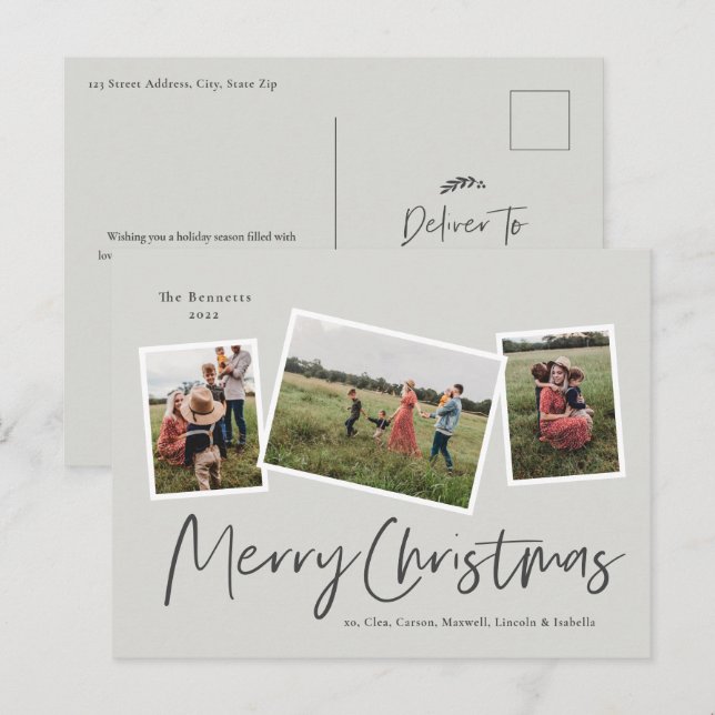 Modern 3 Photo Collage Merry Christmas Holiday Postcard (Front/Back)