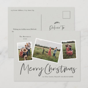 Modern 3 Photo Collage Merry Christmas Holiday Postcard