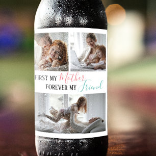 Modern 3 Photo Collage Mother Daughter Wine Label