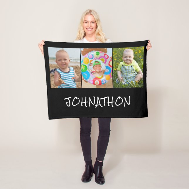 Modern 3 Photo Collage Name Fleece Blanket (In Situ)