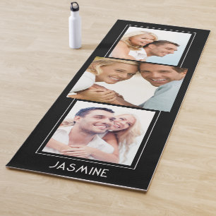 Modern 3 Photo Collage Name Personalised Black   Yoga Mat