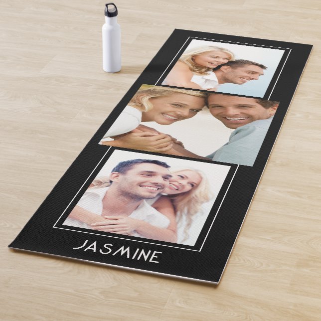 Modern 3 Photo Collage Name Personalised Black   Yoga Mat (In Situ)