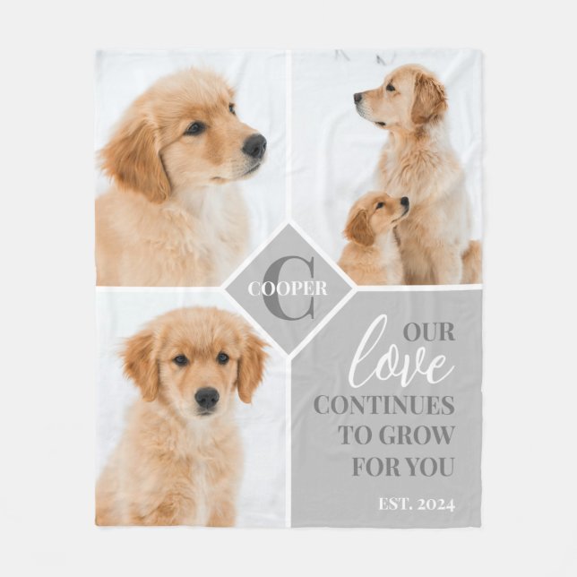 Modern 3 Photo Collage Pet Dog Monogram Fleece Blanket (Front)