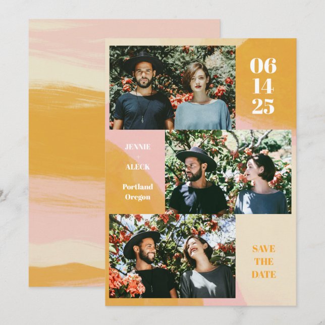 Modern 3 Photo Collage Pink and Orange Wedding Save The Date (Front/Back)