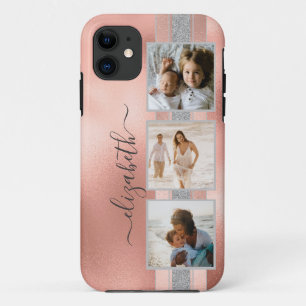Modern 3 Photo Collage Rose Gold Name iPhone 11 Case