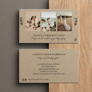 Modern 3 photo collage wedding photographer kraft  business card