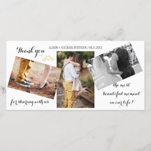Modern 3 photo collage wedding script thank you card