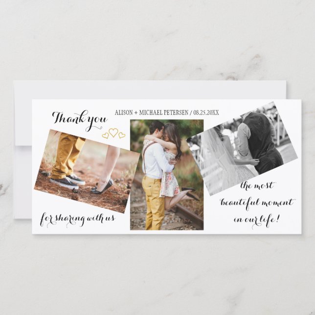 Modern 3 photo collage wedding script thank you card (Front)