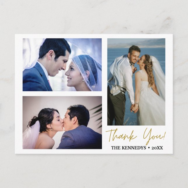 Modern 3 Photo Collage Wedding Thank You Announcement Postcard (Front)