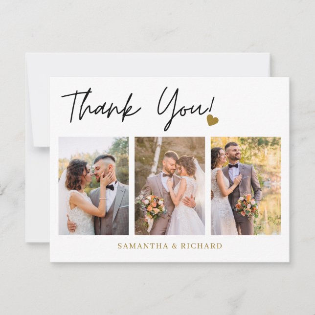 Modern 3 Photo Collage Wedding Thank You Card (Front)