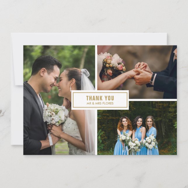 Modern 3 Photo Collage Wedding Thank You Card (Front)