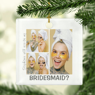 Modern 3 Photo Collage   Will You Be My Bridesmaid Ceramic Ornament