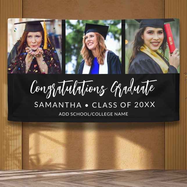Modern 3 Photo Congratulations Black Graduation Banner (Creator Uploaded)