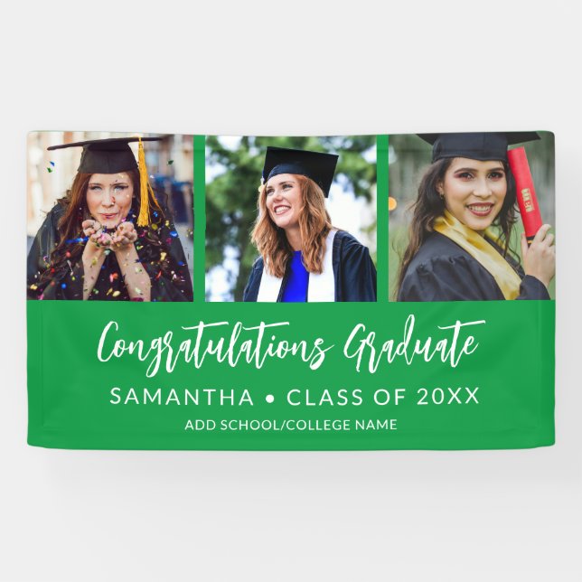 Modern 3 Photo Congratulations Green Graduation Banner (Horizontal)