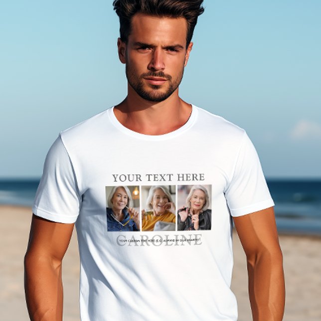 Modern 3-Photo Custom Text Funeral/Memorial T-Shirt (Creator Uploaded)