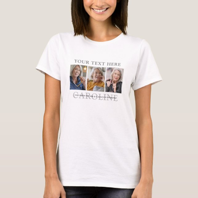 Modern 3-Photo Custom Text Funeral/Memorial T-Shirt (Front)