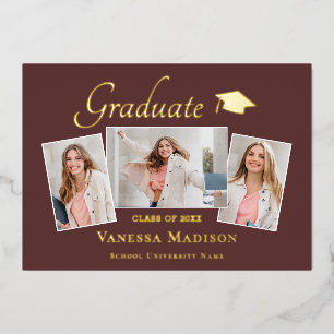 Modern   3 Photo Foil Graduation Announcement