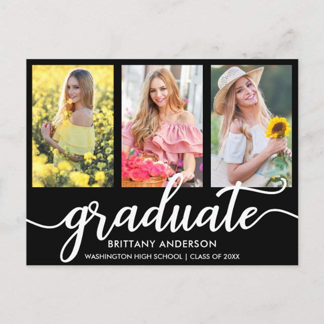 Modern 3 Photo Graduation Announcement BW (Front)
