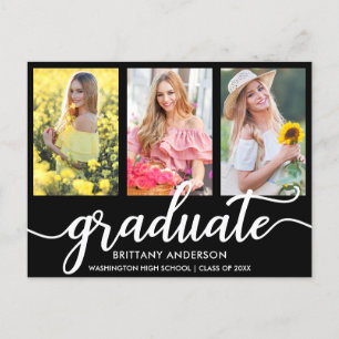 Modern 3 Photo Graduation Announcement BW Postcard