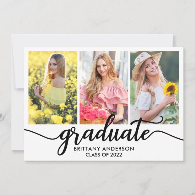 Modern 3 Photo Graduation Announcement Card (Front)