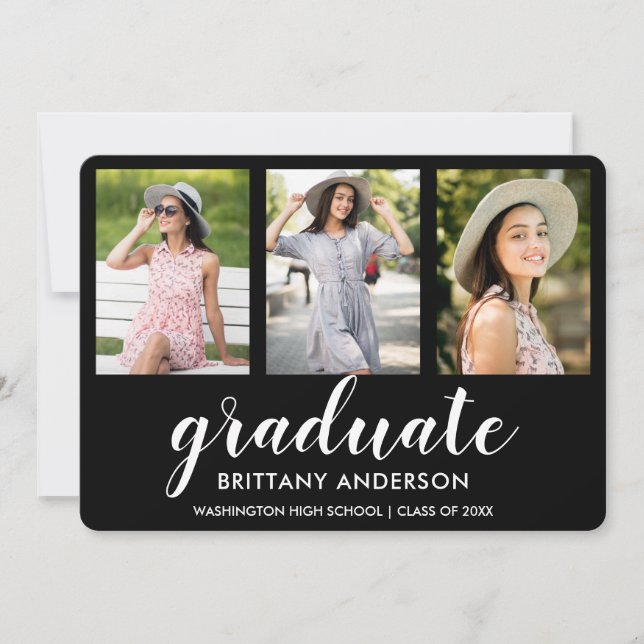 Modern 3 Photo Graduation Announcement Card (Front)