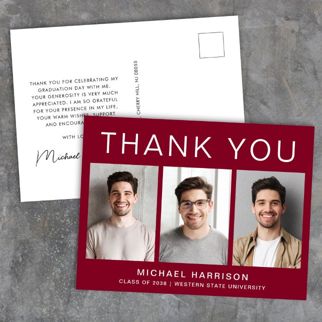Modern 3 Photo Graduation Burgundy Thank You Postcard (Creator Uploaded)