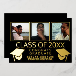 Modern 3 Photo Graduation Caps Black And Gold