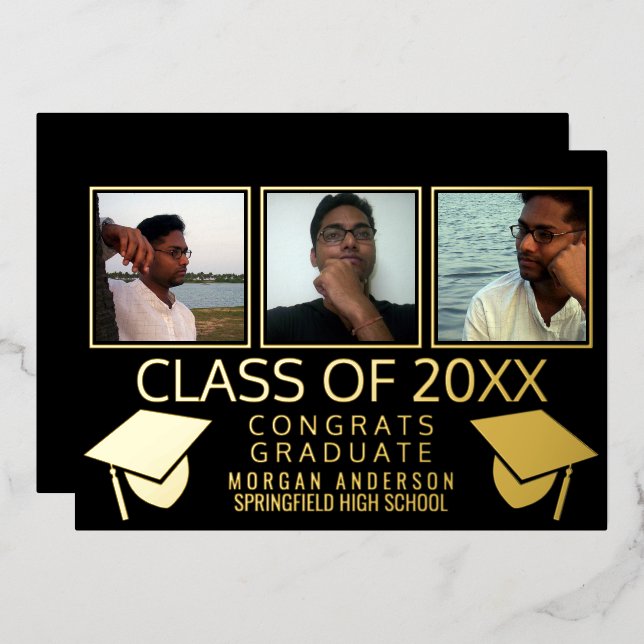 Modern 3 Photo Graduation Caps Black And Gold (Front/Back)