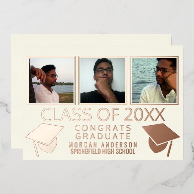 Modern 3 Photo Graduation Caps Ivory Rose Gold (Front/Back)