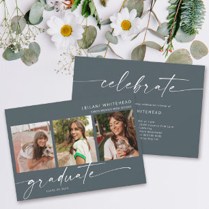 Modern 3 Photo Graduation Dark Teal Announcement