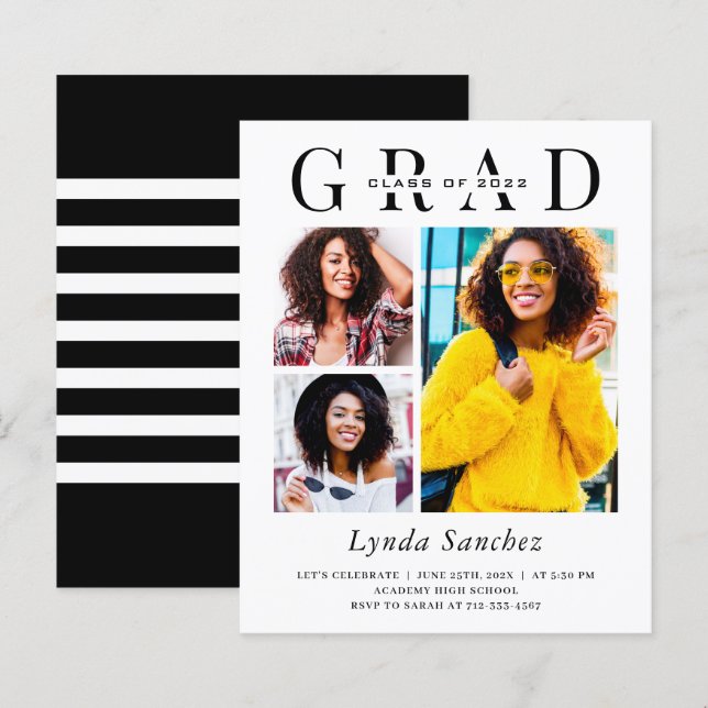 Modern 3 Photo Graduation Invitation (Front/Back)
