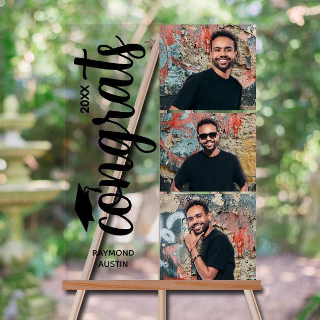 Modern 3 Photo Graduation Party Acrylic Sign (Modern 3 photo graduation party acrylic sign with your details on chic black lettering)