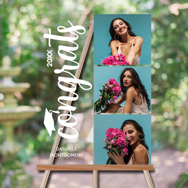 Modern 3 Photo Graduation Party Acrylic Sign (Modern 3 photo graduation party acrylic sign with your details on chic white lettering)