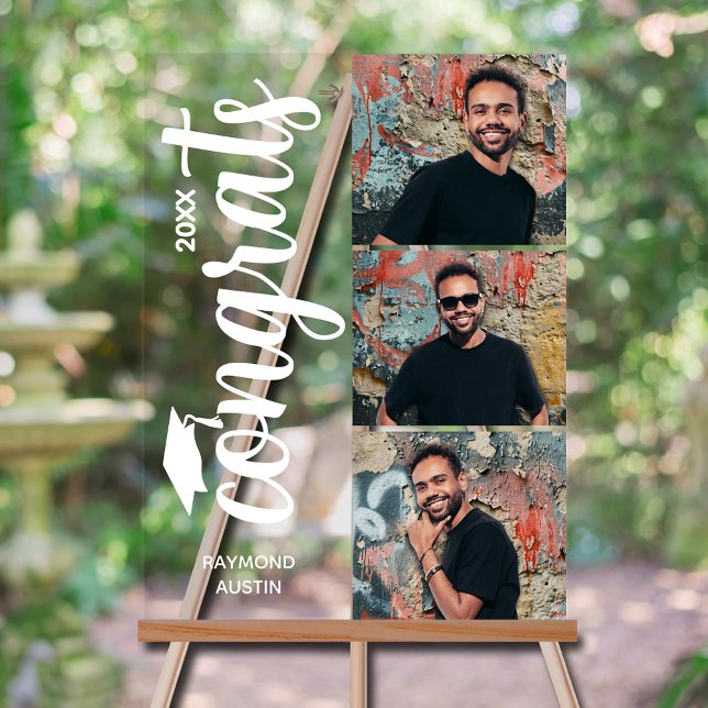 Modern 3 Photo Graduation Party Acrylic Sign (Modern 3 photo graduation party acrylic sign with your details on chic white lettering)