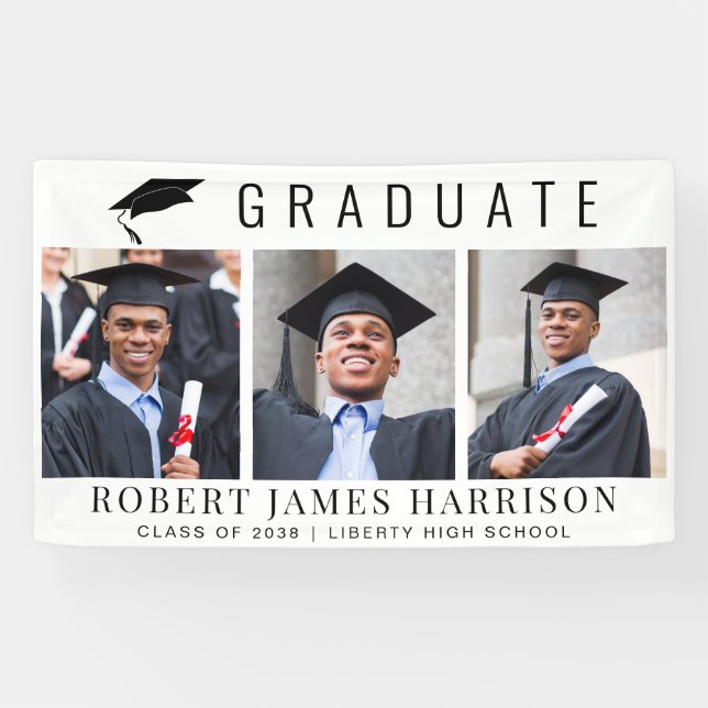 Modern 3 Photo Graduation Party Banner (Horizontal)