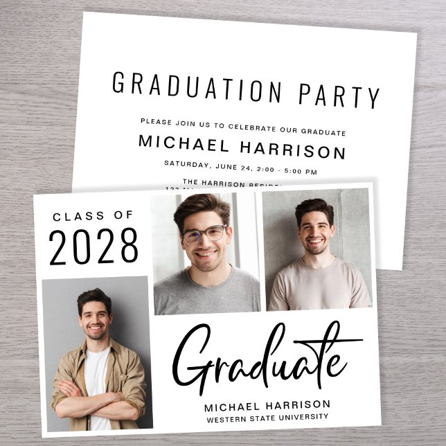 Modern 3 Photo Graduation Party Invitation (A modern photo collage graduation party invitation to celebrate the graduate's achievements)