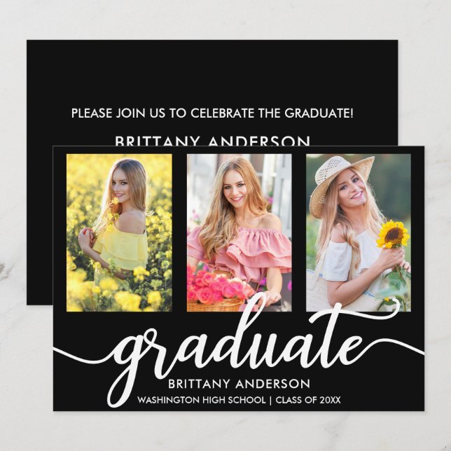 Modern 3 Photo Graduation Party Invitation BW (Front/Back)