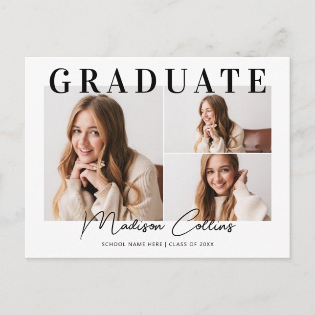 Modern 3 Photo Graduation Party Invitation Postcard (Front)