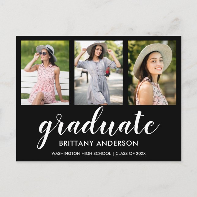 Modern 3 Photo Graduation Party Invitation Postcard (Front)